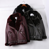 Chaqueta de cuero para motocicleta de terciopelo cálido, color negro Vinous